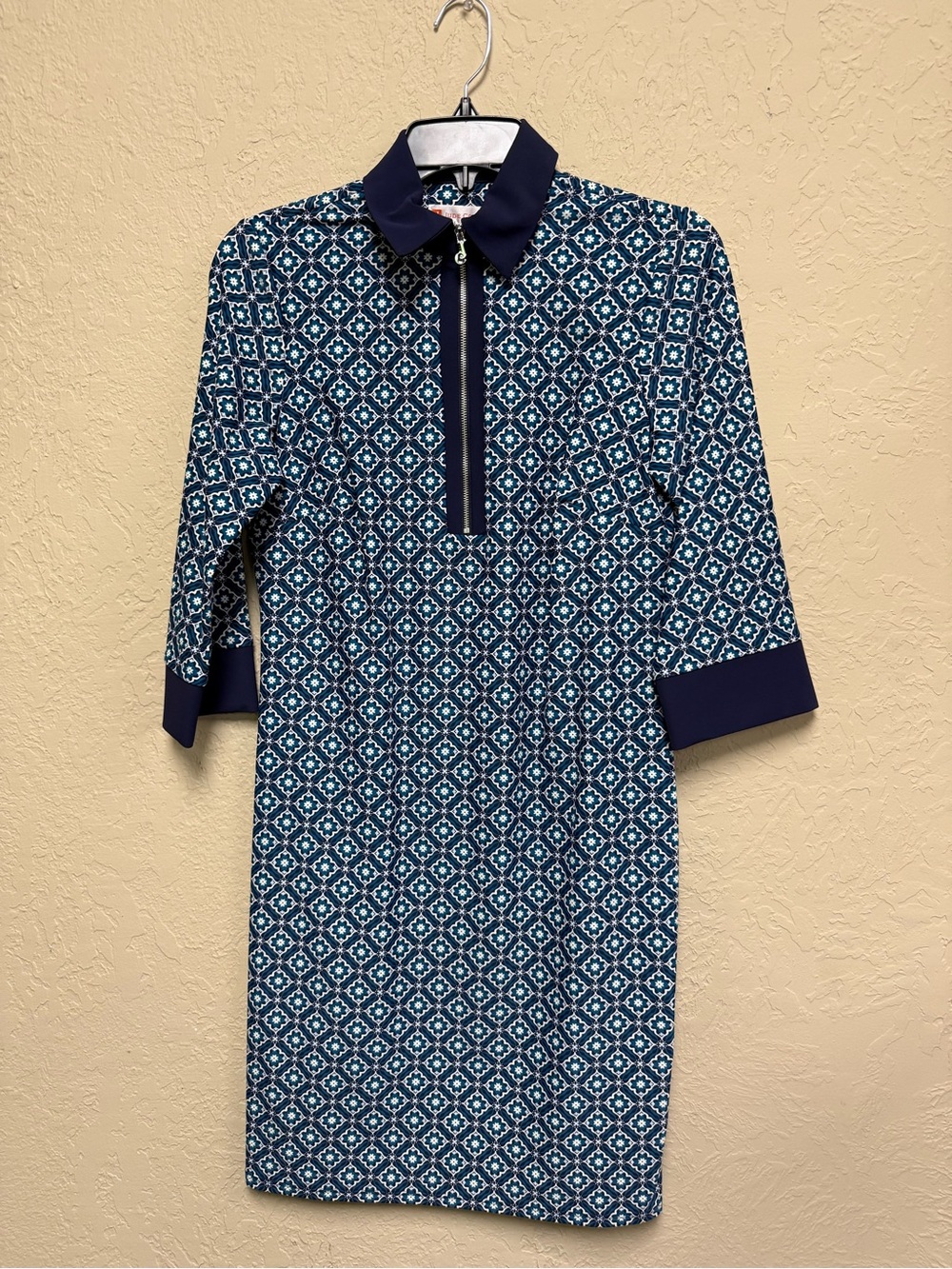 Jude Connally Blue Patterned Midi Shift Dress with Navy Trim